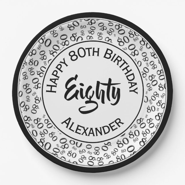80th Birthday Random Number Pattern Black/White Paper Plates (Front)