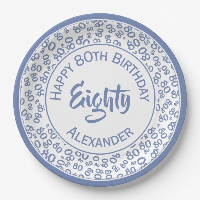 80th Birthday Random Number Pattern Blue/White Paper Plates (Front)
