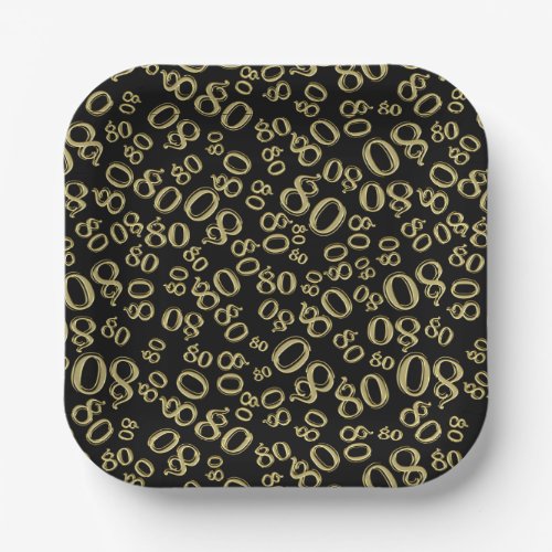 80th Birthday Random Number Pattern GoldBlack Paper Plates