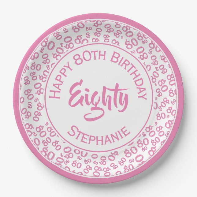 80th Birthday Random Number Pattern Pink/White Paper Plates (Front)