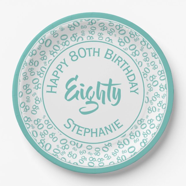 80th Birthday Random Number Pattern Teal/White Paper Plates (Front)