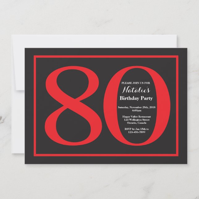 80th Birthday Red and Black Chalkboard Invitation (Front)