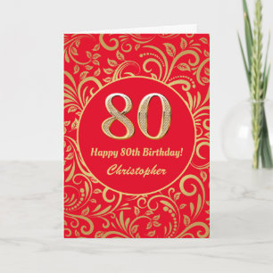 80th Birthday Red and Gold Floral Pattern Card