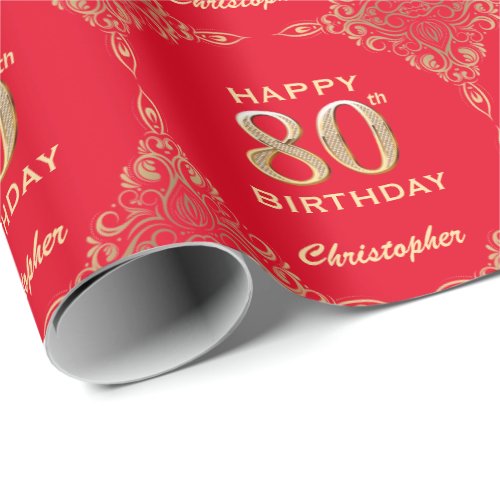 80th Birthday Red and Gold Glitter Frame Wrapping Paper