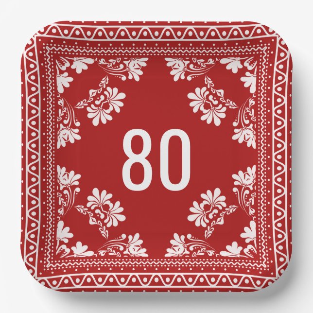 80th Birthday Red Bandana  Paper Plates (Front)