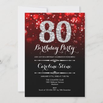 80th Birthday - Red Black Silver Invitation | Zazzle