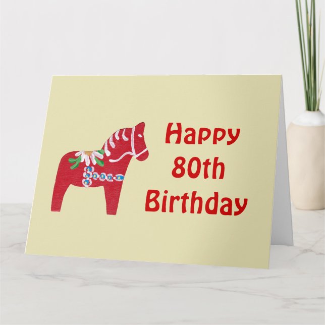 80th Birthday Red Dala Horse Card (Front)