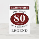 80th Birthday Red Genuine Legend Add Your Name Card<br><div class="desc">Fun 80th "Birth Of A Legend" birthday red, gray and white card. Add the year, change "Legend" to suit your needs. Add the name and a unique message in the card. All easily done using the template provided. You can also change the age to make any age you want eg...</div>