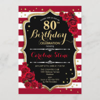 80th Birthday - Red Gold Black White Stripes Roses