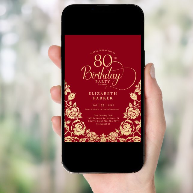 80th Birthday Red Gold Roses Invitation (Front Digital)