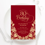 80th Birthday Red Gold Roses Invitation<br><div class="desc">Red gold elegant 80th birthday party invitation. Classy design featuring roses,  faux gold foil and typography script font. Trendy invite card perfect for a stylish female bday celebration. Personalize with your own details. Can be customized to any age. Printed Zazzle invitations or instant download digital printable template.</div>