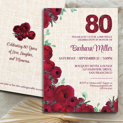 80th Birthday - Red Peonies Linen 80 Years