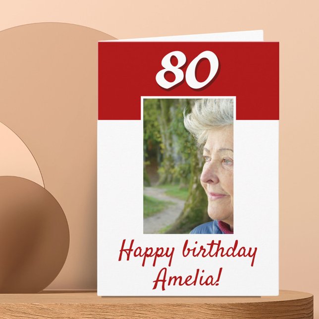 80th Birthday Red Photo Happy Birthday  Card (Creator Uploaded)