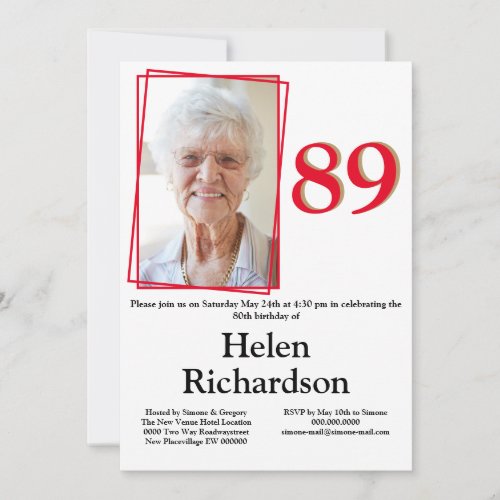 80th Birthday red photo simple minimalist modern Invitation