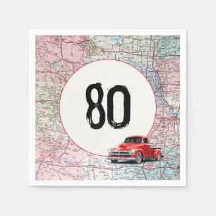 80th Birthday Red Retro Truck on Road Map Napkins
