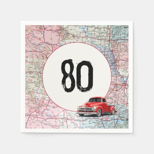 80th Birthday Red Retro Truck on Road Map  Napkins