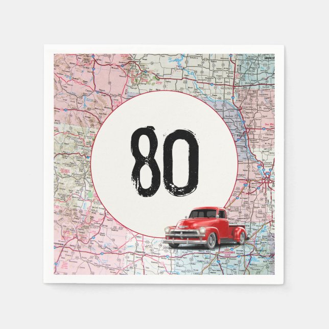 80th Birthday Red Retro Truck on Road Map  Napkins (Front)