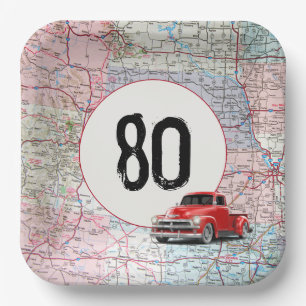 80th Birthday Red Retro Truck on Road Map Paper Plates