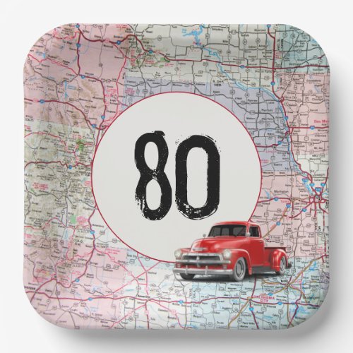 80th Birthday Red Retro Truck on Road Map Paper Plates