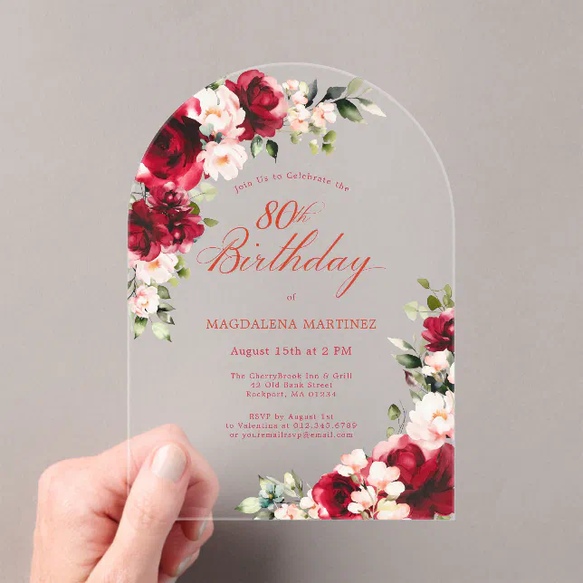 80th Birthday Red Rose Pink Peony Floral Arch Acrylic Invitations | Zazzle