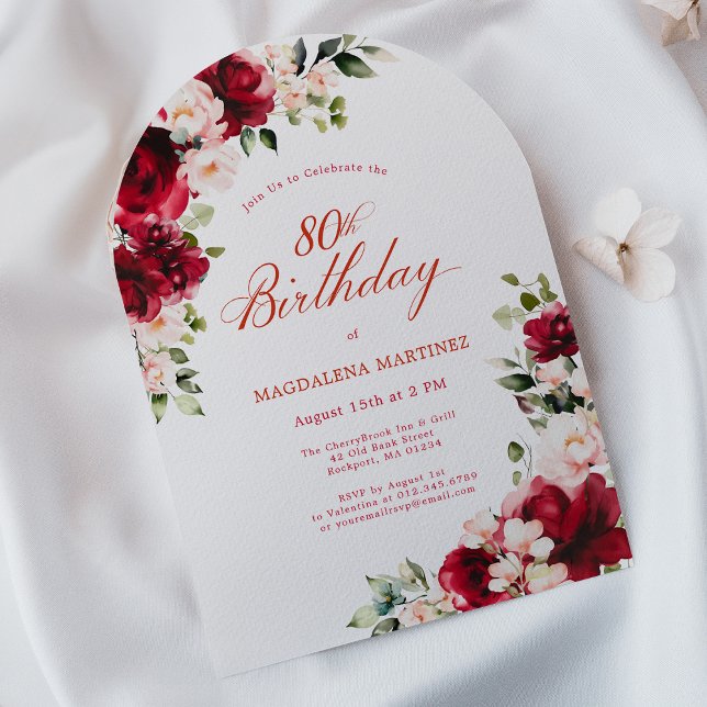80th Birthday Red Rose Pink Peony Floral Arch Invitation (Creator Uploaded)