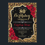 80th Birthday - Red Roses Leopard Print Invitation<br><div class="desc">80th Birthday Invitation.
Elegant red black white design with faux glitter gold. Features leopard cheetah animal print,  script font and roses. Perfect for an elegant birthday party. Can be personalized into any year! Message me if you need further customization.</div>