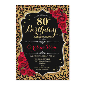 80th Birthday - Red Roses Leopard Print Invitation