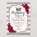 80th Birthday -  Red Silver White Stripes Roses Invitation<br><div class="desc">80th Birthday Invitation
Elegant silver white red design with faux glitter. Silver and white stripes with red roses. Perfect for an elegant birthday party.</div>