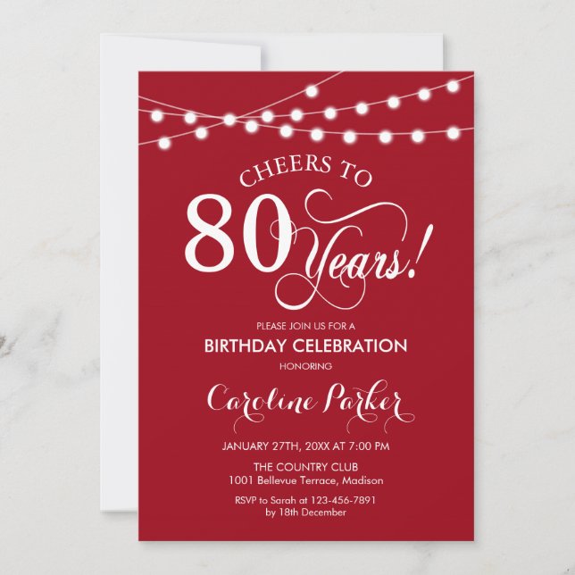 80th Birthday - Red White Invitation (Front)