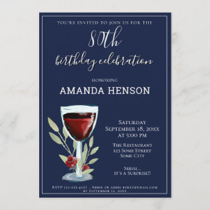 80th Birthday Red Wine Navy Blue Party Invitation