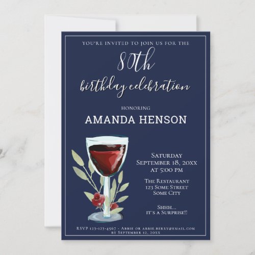 80th Birthday Red Wine Navy Blue Party Invitation