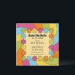 80th Birthday Retro 60s Music Groovy Party  Save The Date<br><div class="desc">Get the party started with this groovy 60s music–themed 80th birthday Save the Date square card! Featuring vibrant retro colors, floral details, and psychedelic waves. This design sets the perfect tone for a fun, nostalgic celebration. Ideal for anyone who loves the retro era. Fully customizable and easy to personalize! Edit...</div>