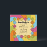 80th Birthday Retro 60s Music Groovy Party  Save The Date<br><div class="desc">Get the party started with this groovy 60s music–themed 80th birthday Save the Date square card! Featuring vibrant retro colors, floral details, and psychedelic waves. This design sets the perfect tone for a fun, nostalgic celebration. Ideal for anyone who loves the retro era. Fully customizable and easy to personalize! Edit...</div>