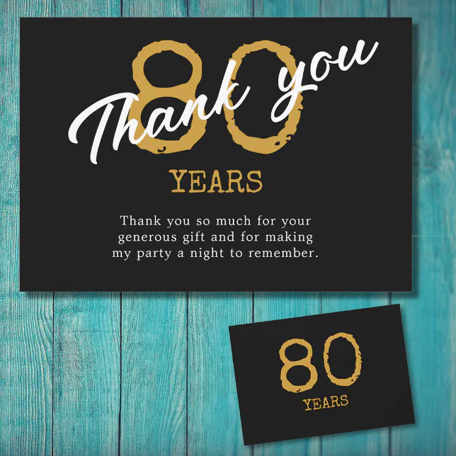 80th Birthday Retro Black And Gold Thank You Card | Zazzle