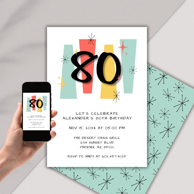 80th Birthday Retro Midcentury Modern Colorful Invitation (Creator Uploaded)