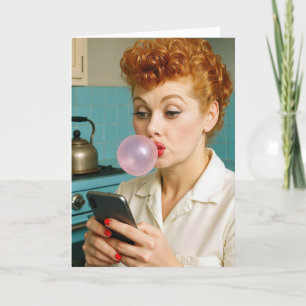 80th Birthday Retro Redhead Woman Texting  Card