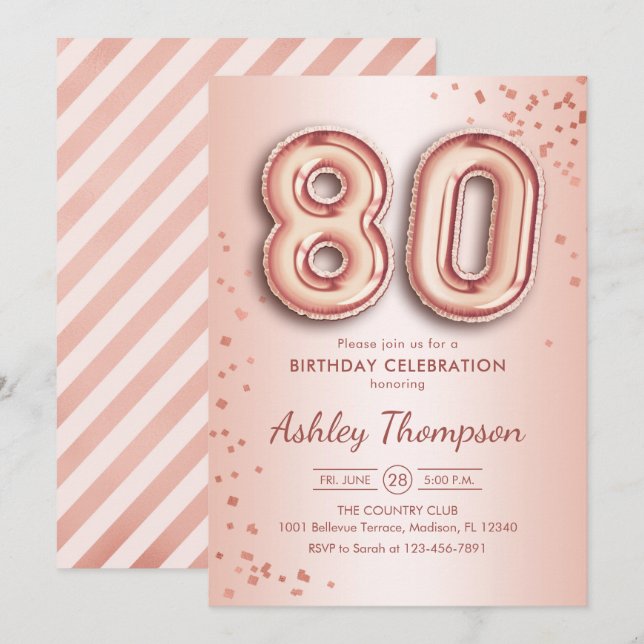 80th Birthday - Rose Gold Balloons Invitation (Front/Back)
