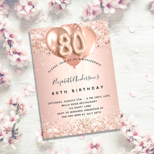 80th birthday rose gold blush balloons elegant invitation