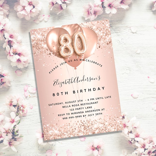 80th birthday rose gold blush balloons elegant invitation