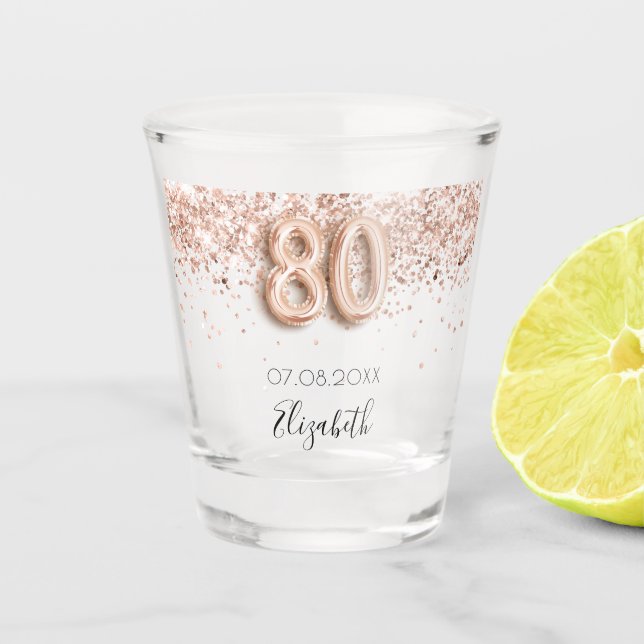 80th birthday rose gold blush confetti name shot glass (Front)