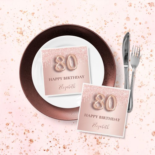 80th birthday rose gold blush glitter drips name napkins