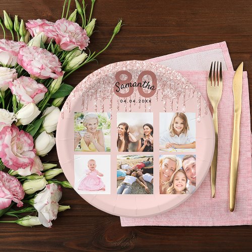 80th birthday rose gold blush glitter drips paper plates