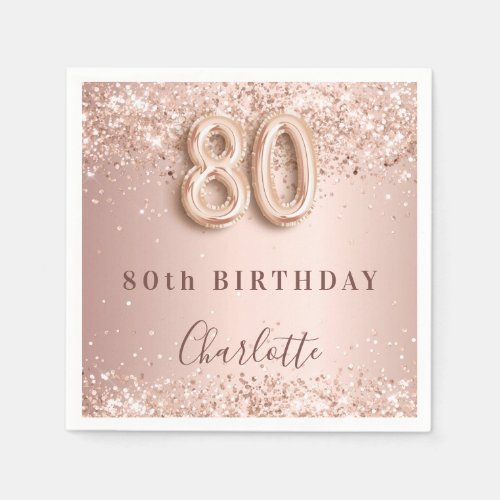 80th birthday rose gold blush glitter name napkins