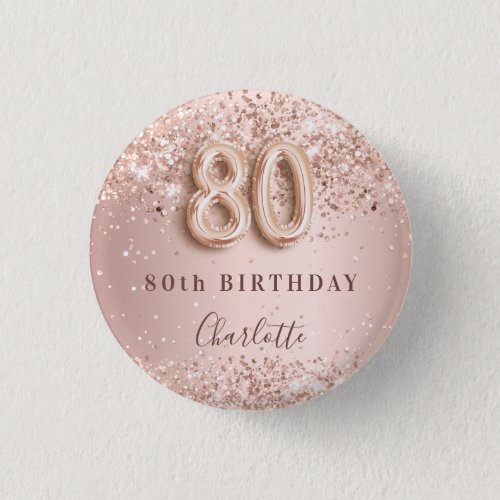 80th birthday rose gold blush glitter name tag button