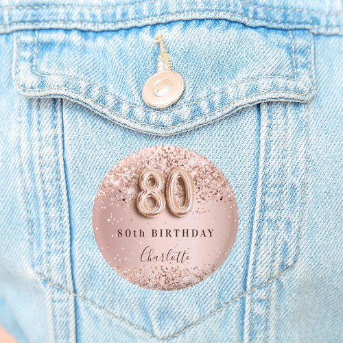 80th birthday rose gold blush glitter name tag button