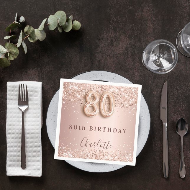 80th birthday rose gold blush name napkins (Creator Uploaded)