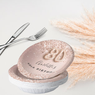80th birthday rose gold blush pink name paper bowls