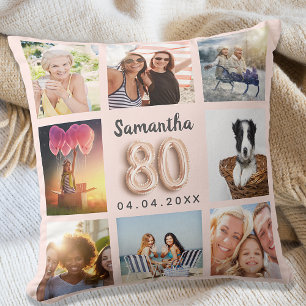 80th birthday rose gold blush pink photo collage throw pillow
