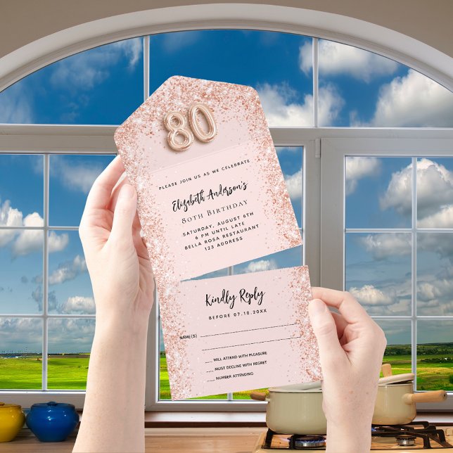 80th birthday rose gold blush sparkle party RSVP All In One Invitation (Creator Uploaded)