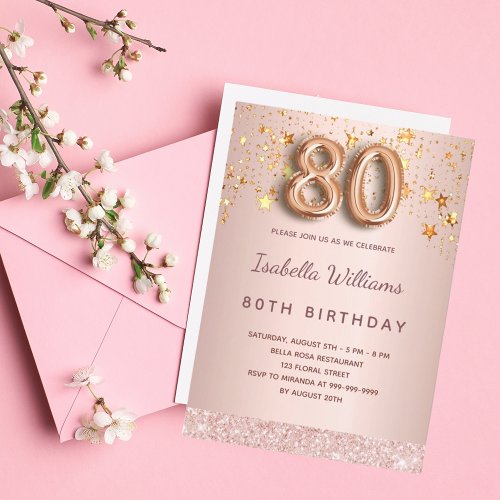 80th birthday rose gold blush stars invitation